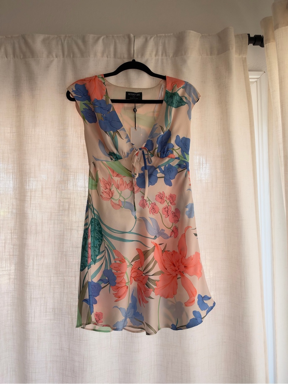 MINKPINK Floral Tie-Front Mini Dress in Cream, Coral & Blue